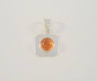 Vintage Handcrafted Mexican Sterling Silver & Round Cabochon Cognac or Honey Amber Bezel Squared Pendant