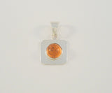 Vintage Handcrafted Mexican Sterling Silver & Round Cabochon Cognac or Honey Amber Bezel Squared Pendant