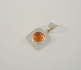 Vintage Handcrafted Mexican Sterling Silver & Round Cabochon Cognac or Honey Amber Bezel Squared Pendant