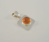 Vintage Handcrafted Mexican Sterling Silver & Round Cabochon Cognac or Honey Amber Bezel Squared Pendant