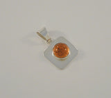 Vintage Handcrafted Mexican Sterling Silver & Round Cabochon Cognac or Honey Amber Bezel Squared Pendant