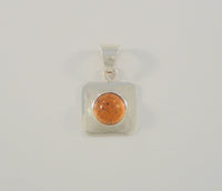 Vintage Handcrafted Mexican Sterling Silver & Round Cabochon Cognac or Honey Amber Bezel Squared Pendant