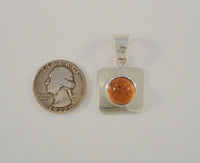 Vintage Handcrafted Mexican Sterling Silver & Round Cabochon Cognac or Honey Amber Bezel Squared Pendant