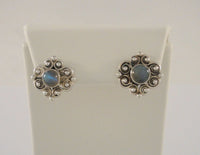 Large Detailed Vintage Sterling Silver Scroll Filigree & Caviar Bead Stud Pierced Earrings set w/ Round Cabochon Rainbow Moonstone