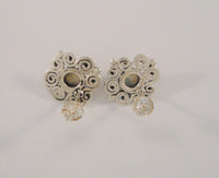 Large Detailed Vintage Sterling Silver Scroll Filigree & Caviar Bead Stud Pierced Earrings set w/ Round Cabochon Rainbow Moonstone