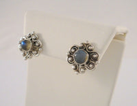 Large Detailed Vintage Sterling Silver Scroll Filigree & Caviar Bead Stud Pierced Earrings set w/ Round Cabochon Rainbow Moonstone