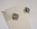 Large Detailed Vintage Sterling Silver Scroll Filigree & Caviar Bead Stud Pierced Earrings set w/ Round Cabochon Rainbow Moonstone