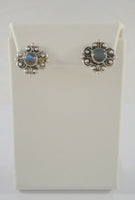 Large Detailed Vintage Sterling Silver Scroll Filigree & Caviar Bead Stud Pierced Earrings set w/ Round Cabochon Rainbow Moonstone