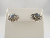 Large Detailed Vintage Sterling Silver Scroll Filigree & Caviar Bead Stud Pierced Earrings set w/ Round Cabochon Rainbow Moonstone