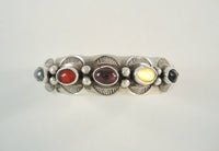 Handcrafted Signed Vintage Native American Stamped Sterling Silver & Multi Gemstone Onyx Amethyst Carnelian Hematite Wide Cuff Bracelet by Navajo Artist K. Cook 6 7/8"