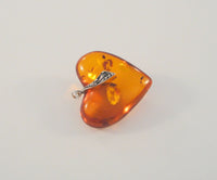 Large Vintage Handcrafted Cognac Amber Carved Dimensional Heart Pendant Sterling Silver Leaf & Berry Setting
