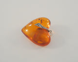 Large Vintage Handcrafted Cognac Amber Carved Dimensional Heart Pendant Sterling Silver Leaf & Berry Setting
