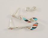 Signed Vintage Native American Idella Edaakie Sterling Silver Black Onyx Spiny Oyster Mother of Pearl & Turquoise Spiral Zuni Inlay Dangle Pierced Earrings MOP