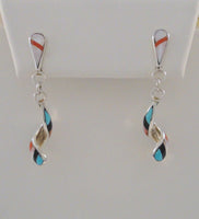 Signed Vintage Native American Idella Edaakie Sterling Silver Black Onyx Spiny Oyster Mother of Pearl & Turquoise Spiral Zuni Inlay Dangle Pierced Earrings MOP