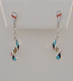 Signed Vintage Native American Idella Edaakie Sterling Silver Black Onyx Spiny Oyster Mother of Pearl & Turquoise Spiral Zuni Inlay Dangle Pierced Earrings MOP