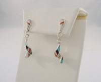 Signed Vintage Native American Idella Edaakie Sterling Silver Black Onyx Spiny Oyster Mother of Pearl & Turquoise Spiral Zuni Inlay Dangle Pierced Earrings MOP