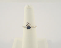 Sparkly Signed Vintage Solid 14K White Gold Oval Blue Sapphire w/ Diamond Accents Ring Curvy Size 5