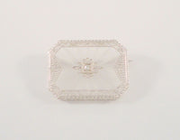 Detailed Handcrafted Vinatge or Antique Art Deco Solid 10K White Gold Filigree Framed Camphor Glass & Diamond Brooch Pin