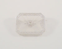 Detailed Handcrafted Vinatge or Antique Art Deco Solid 10K White Gold Filigree Framed Camphor Glass & Diamond Brooch Pin