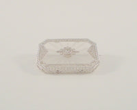 Detailed Handcrafted Vinatge or Antique Art Deco Solid 10K White Gold Filigree Framed Camphor Glass & Diamond Brooch Pin