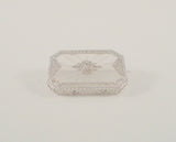 Detailed Handcrafted Vinatge or Antique Art Deco Solid 10K White Gold Filigree Framed Camphor Glass & Diamond Brooch Pin