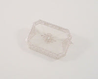 Detailed Handcrafted Vinatge or Antique Art Deco Solid 10K White Gold Filigree Framed Camphor Glass & Diamond Brooch Pin