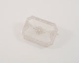 Detailed Handcrafted Vinatge or Antique Art Deco Solid 10K White Gold Filigree Framed Camphor Glass & Diamond Brooch Pin