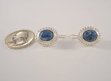 Large Signed Vintage Satin Matte Sterling Silver & Cabochon Denim Lapis Lazuli Locking Hook Earrings w/ Caviar Dot Detail