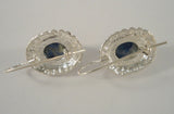 Large Signed Vintage Satin Matte Sterling Silver & Cabochon Denim Lapis Lazuli Locking Hook Earrings w/ Caviar Dot Detail