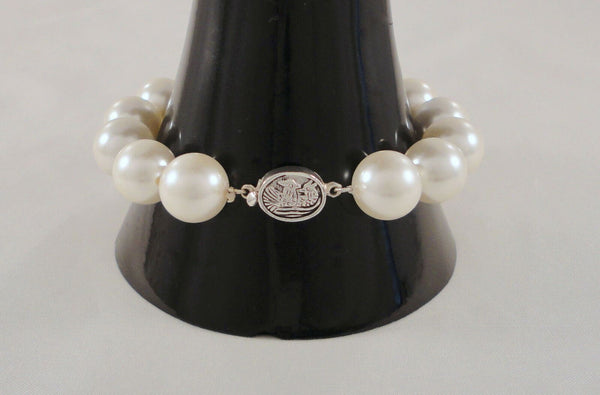 Vintage 12.7mm Creamy White Fat & Chunky Faux Pearl Bracelet w/ a Detailed Carving of Two Birds on the Sterling Silver Clasp 8"