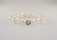 Vintage 12.7mm Creamy White Fat & Chunky Faux Pearl Bracelet w/ a Detailed Carving of Two Birds on the Sterling Silver Clasp 8"