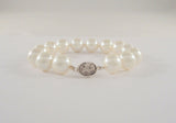 Vintage 12.7mm Creamy White Fat & Chunky Faux Pearl Bracelet w/ a Detailed Carving of Two Birds on the Sterling Silver Clasp 8"