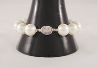 Vintage 12.7mm Creamy White Fat & Chunky Faux Pearl Bracelet w/ a Detailed Carving of Two Birds on the Sterling Silver Clasp 8"