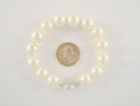 Vintage 12.7mm Creamy White Fat & Chunky Faux Pearl Bracelet w/ a Detailed Carving of Two Birds on the Sterling Silver Clasp 8"