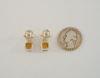 Sparkly Signed Vintage Lorenzo Sterling Silver & 18K Solid Yellow Gold w/ Cushion Cut Citrine Stud Pierced Earrings