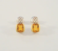 Sparkly Signed Vintage Lorenzo Sterling Silver & 18K Solid Yellow Gold w/ Cushion Cut Citrine Stud Pierced Earrings