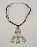 Outstanding Unusual Vintage Egyptian Hallmarked Sterling Silver Cannetille Filigree Dangling Tassels Bib Necklace on Double Strand Purple Cord 16.9"