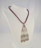 Outstanding Unusual Vintage Egyptian Hallmarked Sterling Silver Cannetille Filigree Dangling Tassels Bib Necklace on Double Strand Purple Cord 16.9"