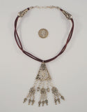 Outstanding Unusual Vintage Egyptian Hallmarked Sterling Silver Cannetille Filigree Dangling Tassels Bib Necklace on Double Strand Purple Cord 16.9"