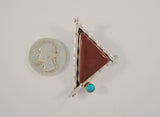 Chunky Vintage Handcrafted Sterling Silver Blue Turquoise & Red Jasper Southwest Triangular Piecrust Edge Angled Pendant