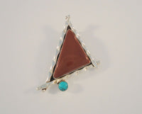 Chunky Vintage Handcrafted Sterling Silver Blue Turquoise & Red Jasper Southwest Triangular Piecrust Edge Angled Pendant