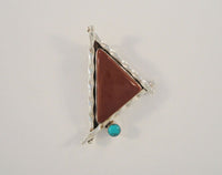 Chunky Vintage Handcrafted Sterling Silver Blue Turquoise & Red Jasper Southwest Triangular Piecrust Edge Angled Pendant