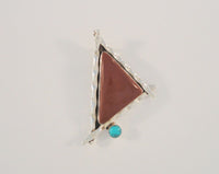 Chunky Vintage Handcrafted Sterling Silver Blue Turquoise & Red Jasper Southwest Triangular Piecrust Edge Angled Pendant