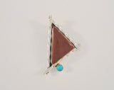 Chunky Vintage Handcrafted Sterling Silver Blue Turquoise & Red Jasper Southwest Triangular Piecrust Edge Angled Pendant