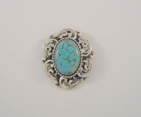 Detailed Signed Vintage Danecraft Curvy Southwest Style Scrollwork Western Scroll Sterling Silver and Faux Blue Turquoise Pin / Pendant