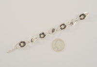 Detailed Vintage or Antique Sterling Silver 14mm Wide Repousse Roses & Carved Leaves Open Link Panel Bracelet 6.5"