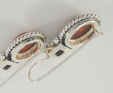 Big Bold Vintage Signed Sterling Silver Red Jasper & Black Onyx Southwest Rope Edged Locking Hook Earrings