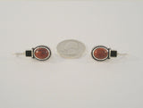 Big Bold Vintage Signed Sterling Silver Red Jasper & Black Onyx Southwest Rope Edged Locking Hook Earrings