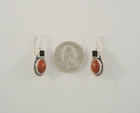 Big Bold Vintage Signed Sterling Silver Red Jasper & Black Onyx Southwest Rope Edged Locking Hook Earrings