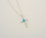 Large Curvy Signed Vintage Avon Sterling Silver & Blue Turquoise Sleek Modernist Cross Pendant Necklace 18 7/8"